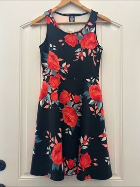Agnes & Dora Black Midi Dress with Red Rose Print